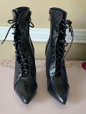 Black Lace-Up Pointed-Toe Stiletto Ankle Boots - Women